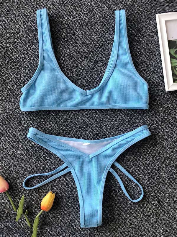 Solid Color U-Neck Bralette Hipster Hollow Bikini Swimwear