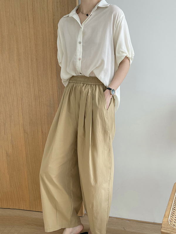 Elasticity Pleated Solid Color Split-Joint High Waisted Loose Trousers Pants