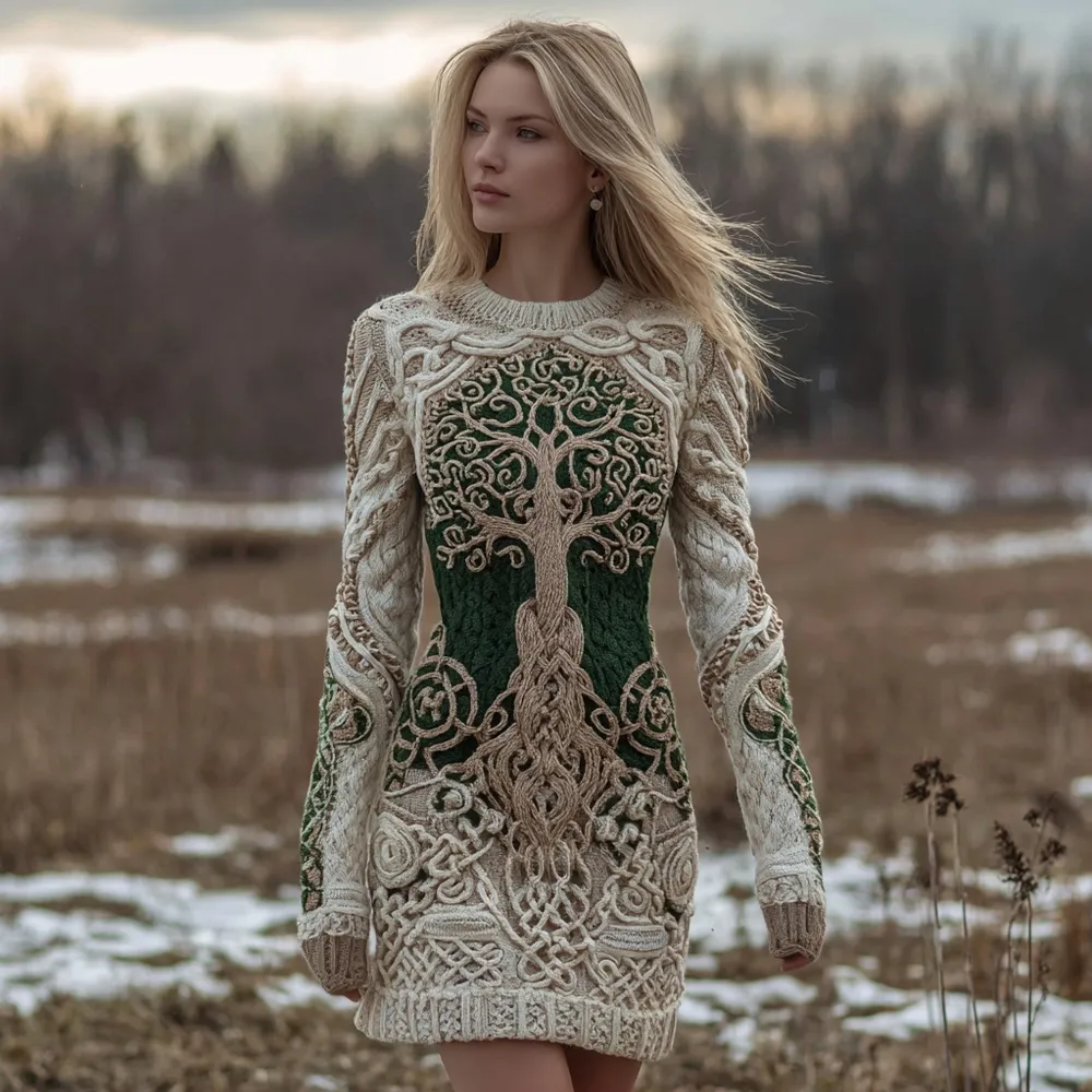 Vintage Viking Tree Of Life Cozy Knit Sweater Dress