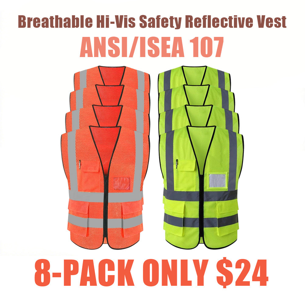 Breathable Hi-Vis Mesh Safety Vest with Zipper & Pockets, Meets ANSI/ISEA Standards
