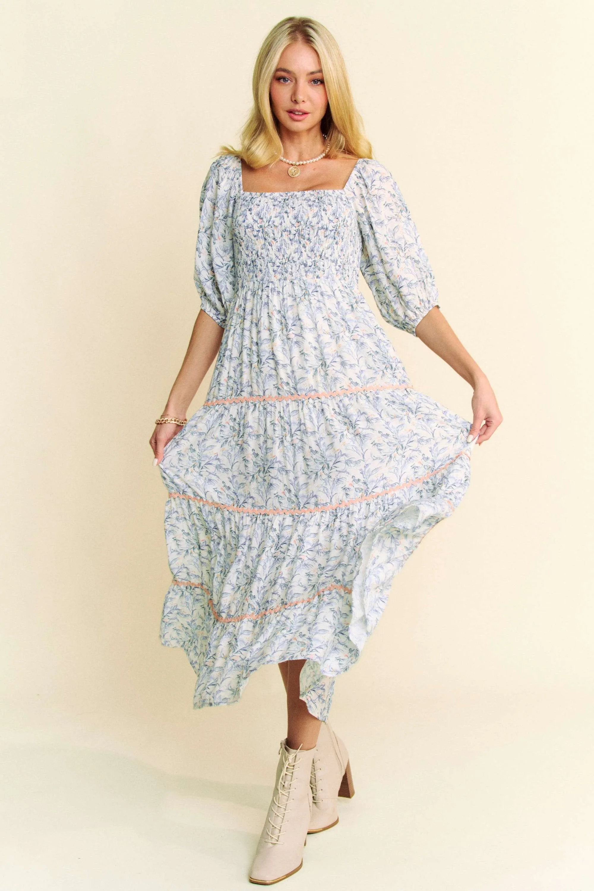 Contrast Ric Smocking Bodice Tiered Midi Dress