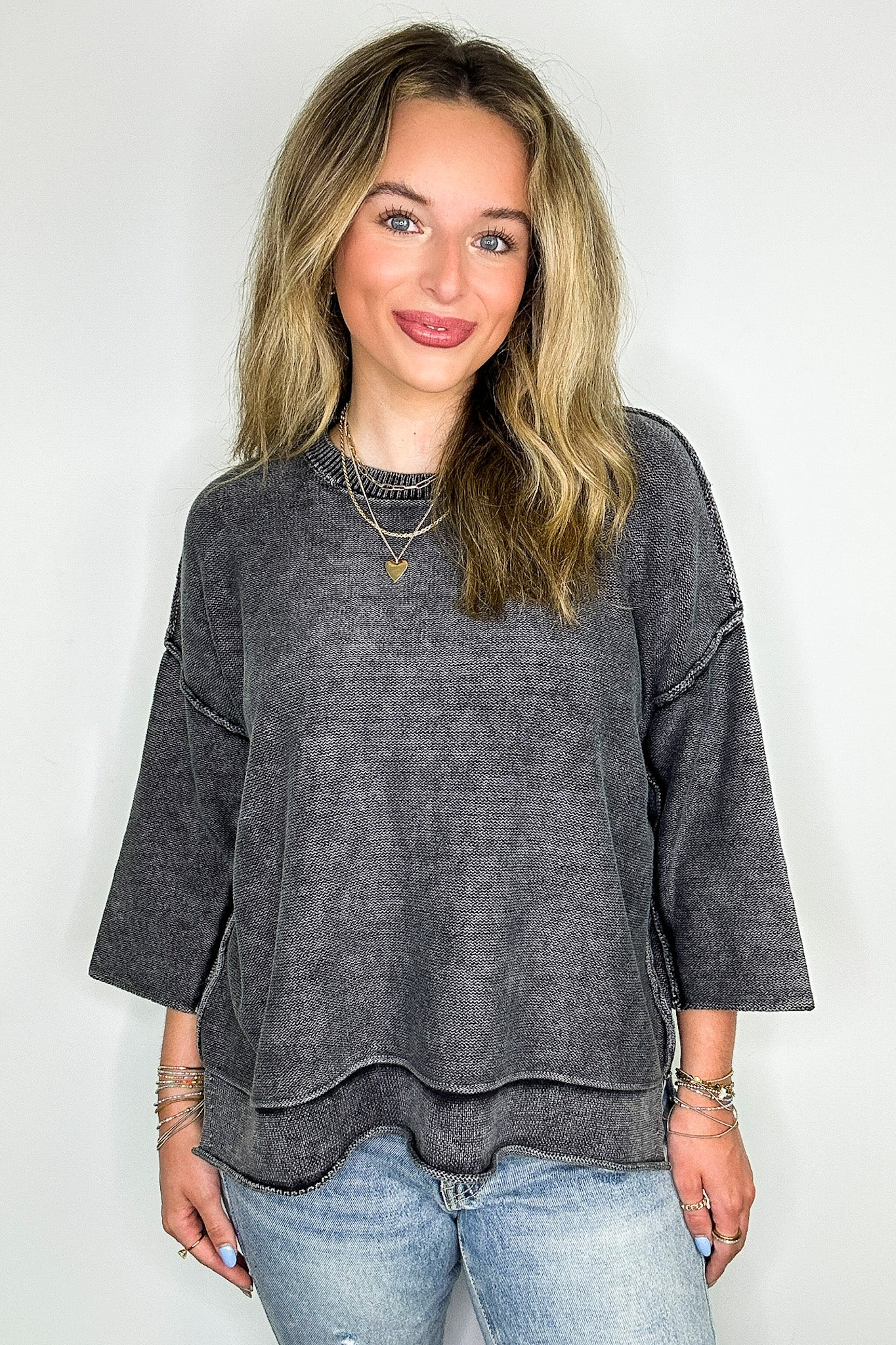 Cozy Fade Washed 3/4 Sleeve Relaxed Sweater