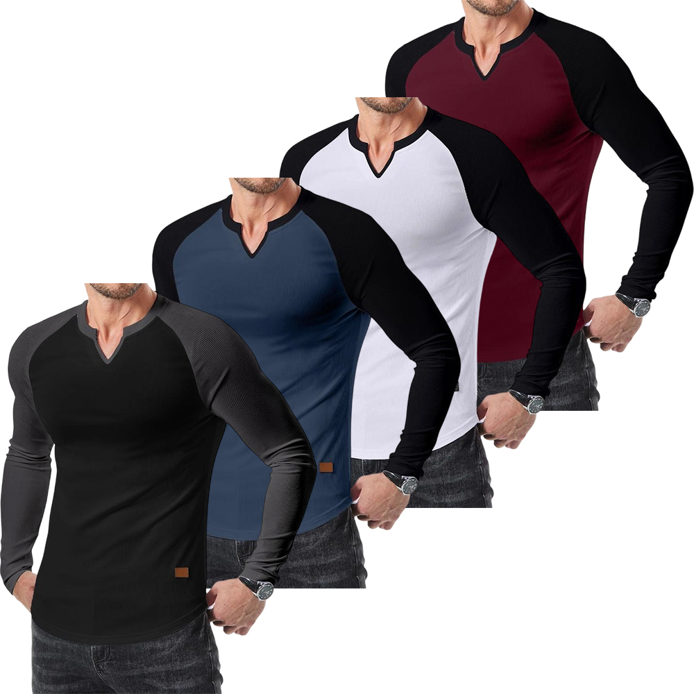 Mens Long Sleeve Muscle T Shirts Casual V-Neck Longline Ribbed Tee Shirts