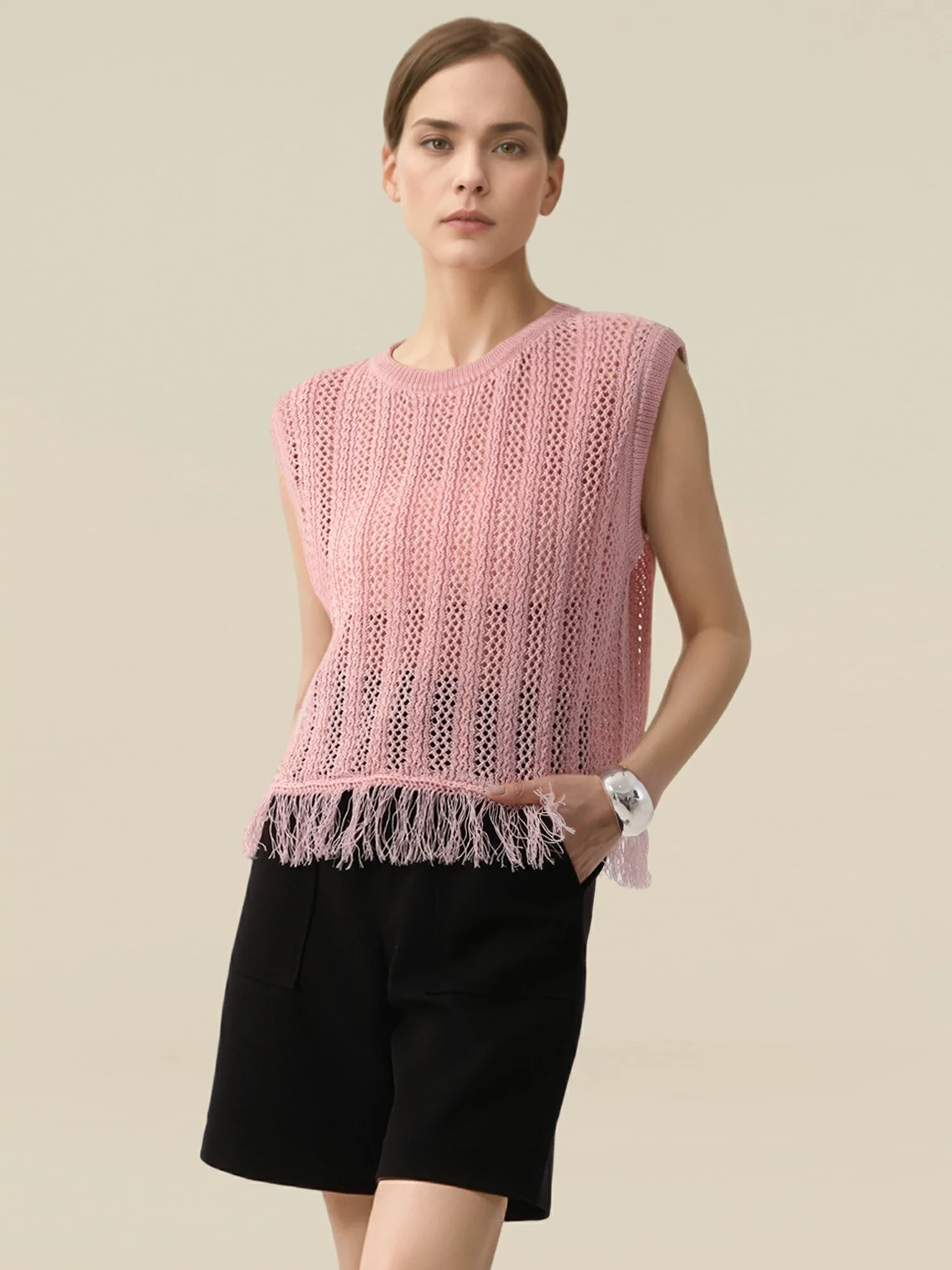 Lyocell & Silk Round Neck Sleeveless Fringe Vest