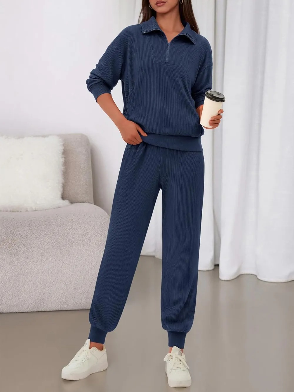 Women's Long Sleeve Half Zip Sweatshirt Sweatpants Lounge Set Sweatsuits with Pockets