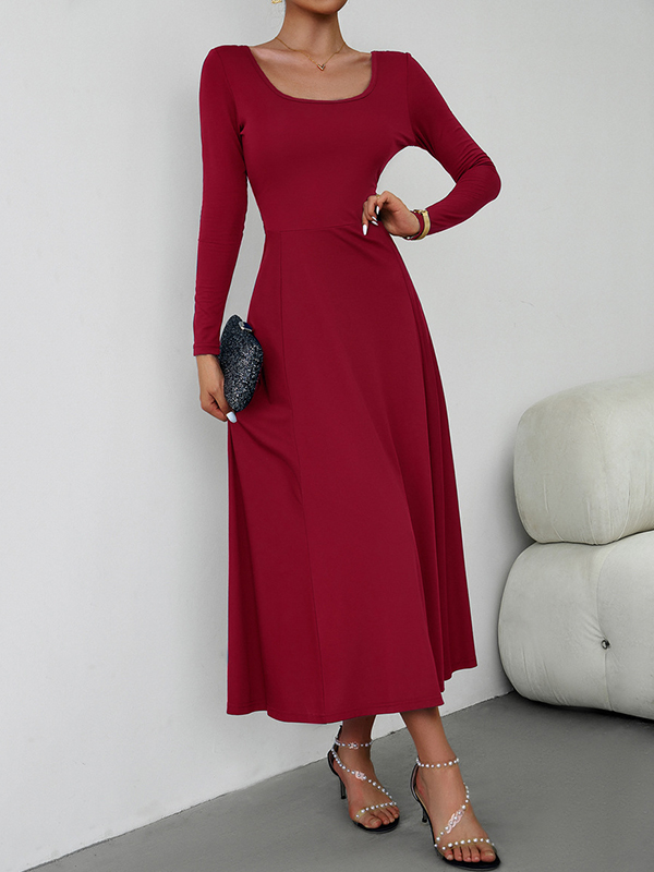 Solid Color Tied Waist A-Line High Waisted U-Neck Midi Dresses
