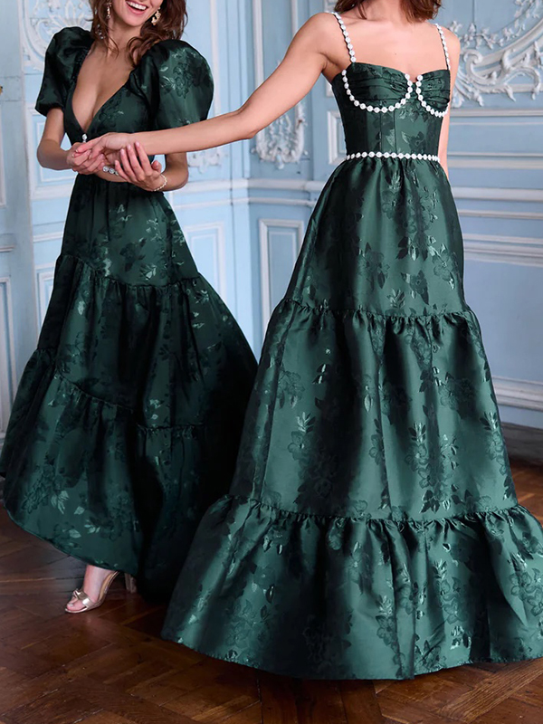 Flower Jacquard Puffled Sleeves Short Sleeve Satin Maxi Dress