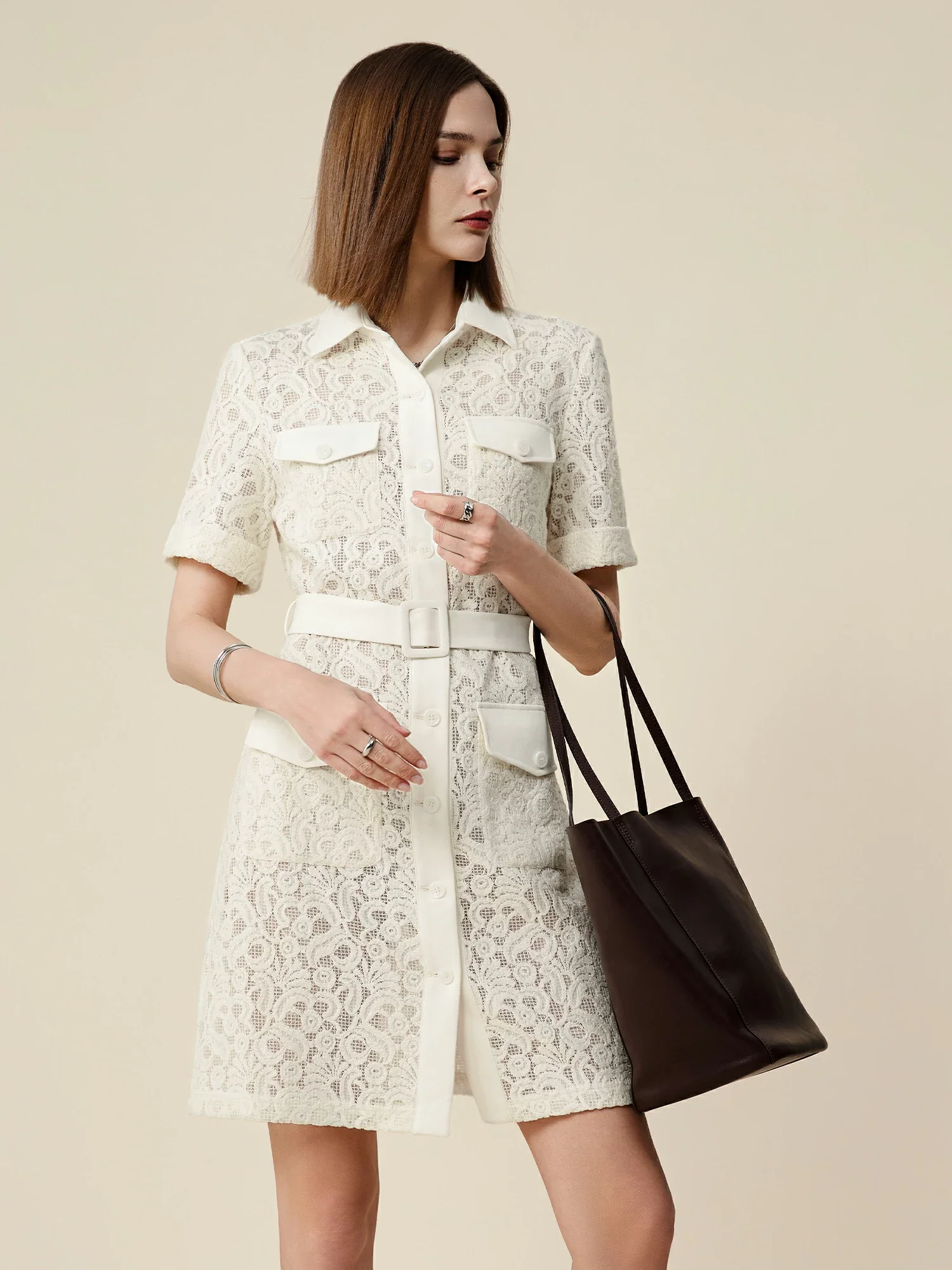 70% Cotton Lapel Short Sleeve Lace Pocket Dress