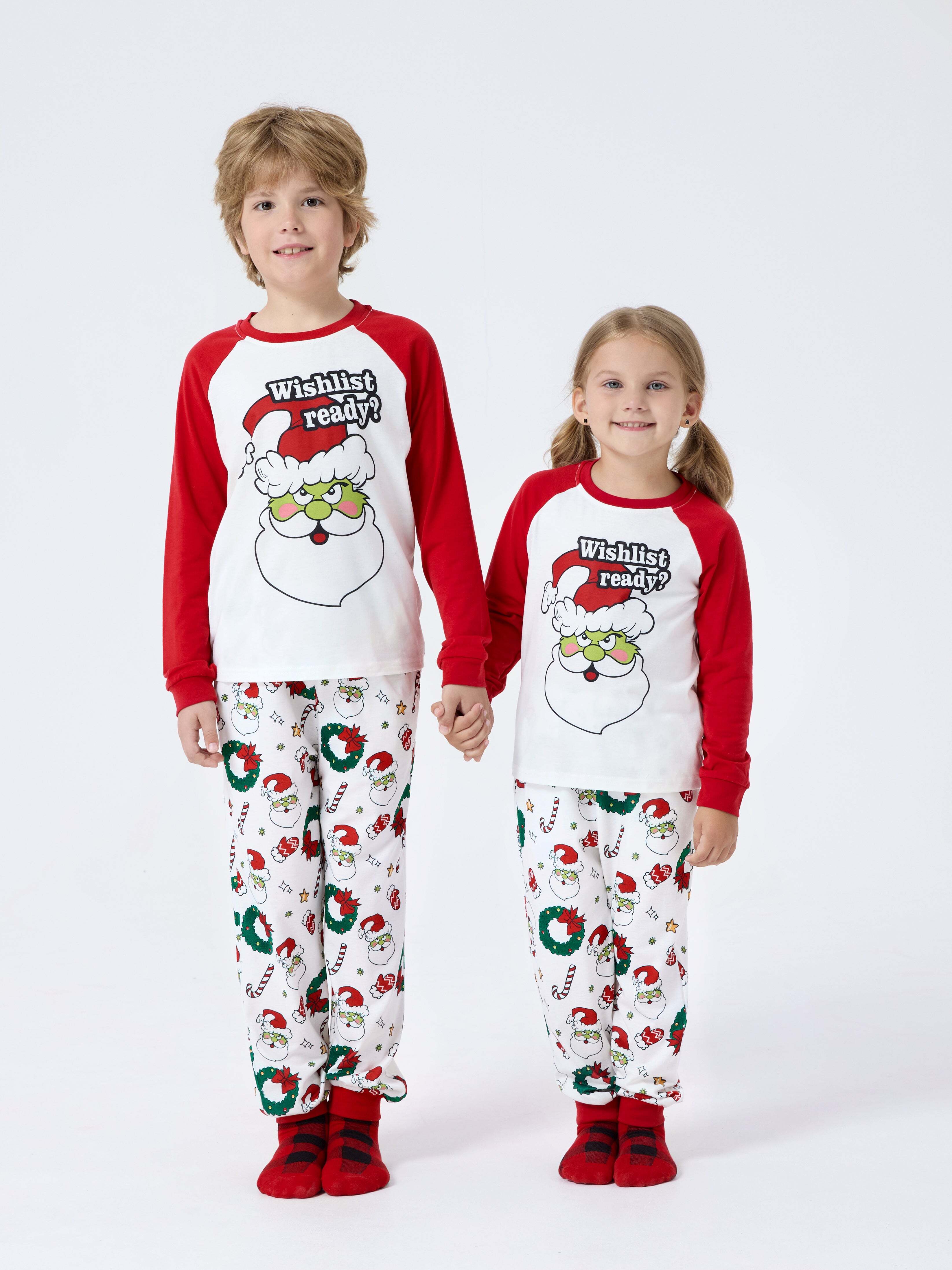 Christmas Matching Family Pajamas Set Christmas Grinch-themed Print PJS with Christmas Socks Red
