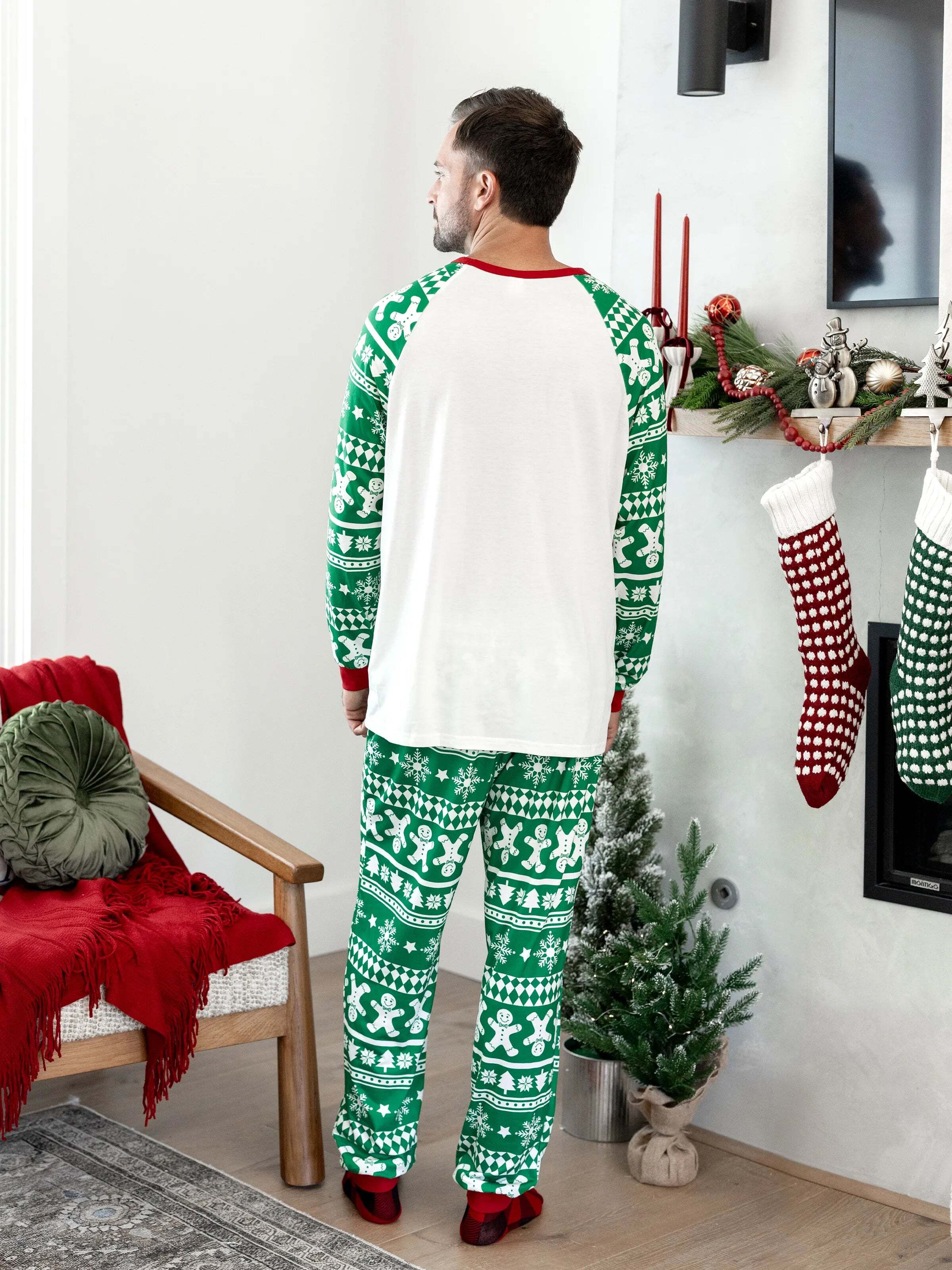Christmas Matching Family Pajamas Set Gingerbread and Christmas Tree Print Green PJS with Christmas Socks Green