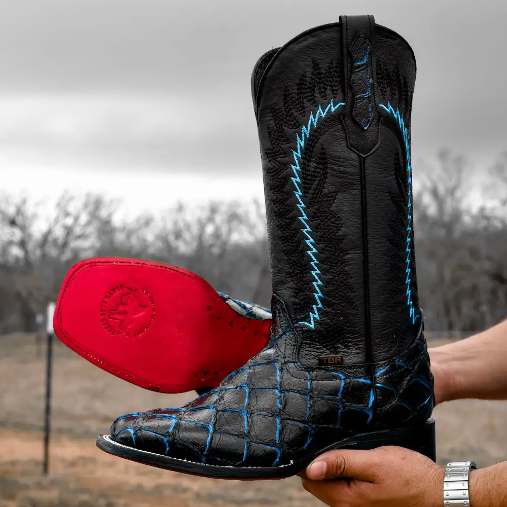 Midnight Blue Pirarucu Leather Boots - Square Toe