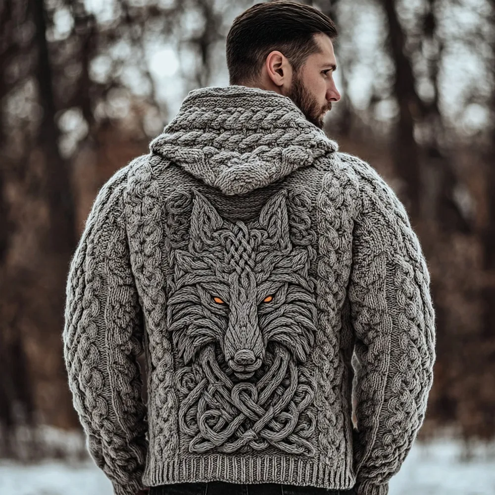 Men's Viking Celtic Wolf Knit Cozy Hooded Sweater