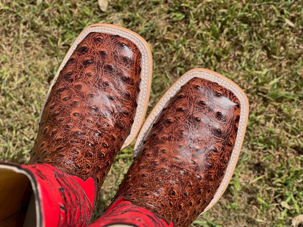 Men’s Cognac Ostrich Leather Boots With Red Shaft