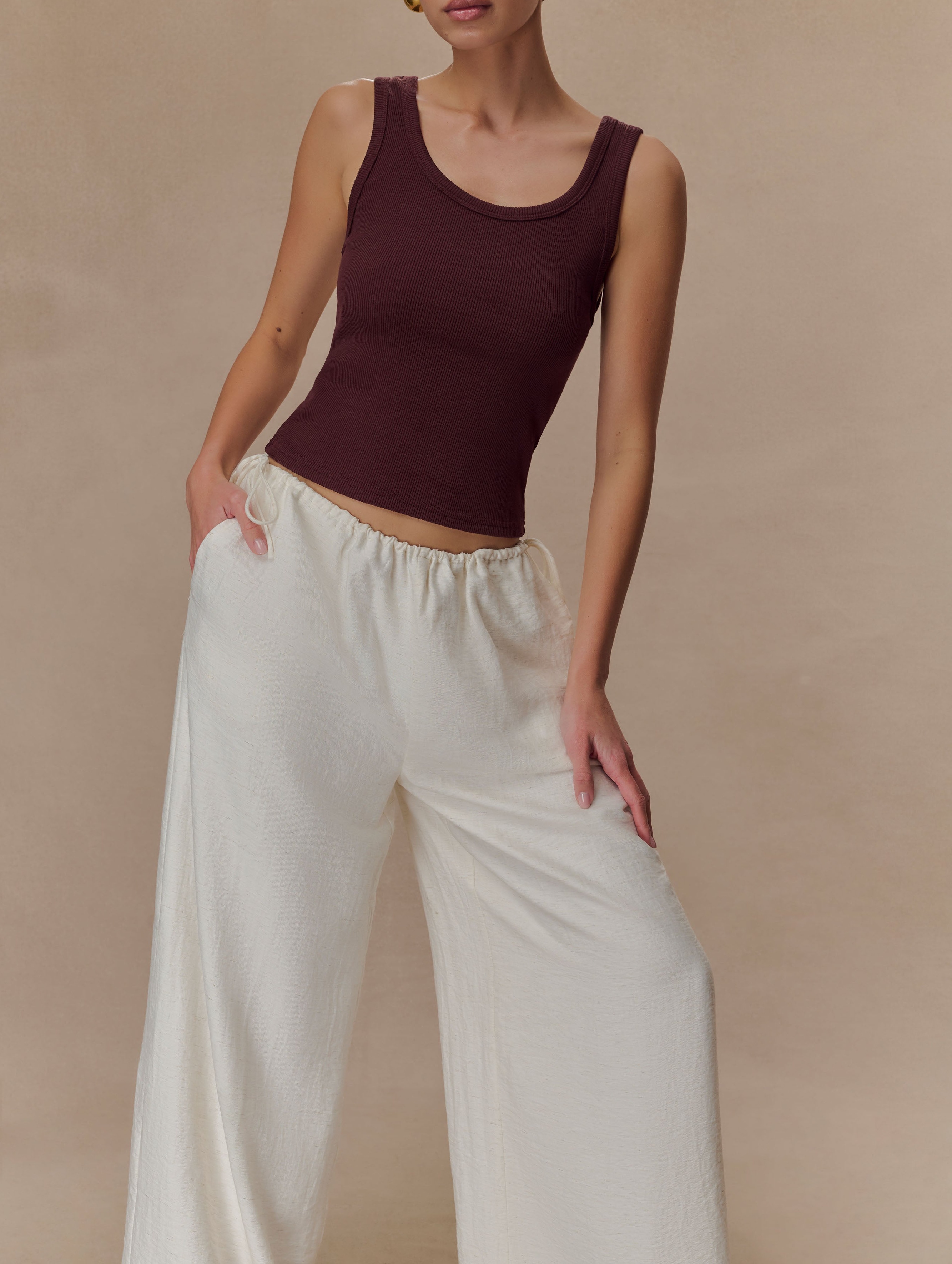 White Drawstring Straight Leg Pants
