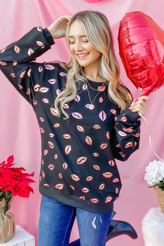 Kiss Pink Foil Allover Print Pullover Sweatshirts