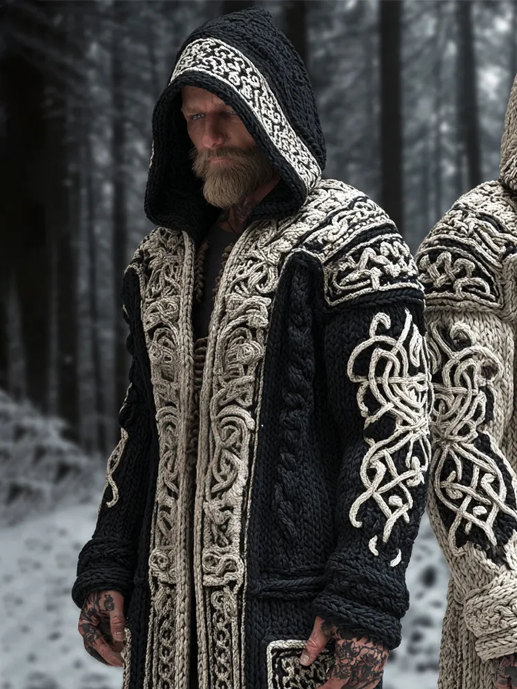 Viking & Celtic Knot Art Men's Hooded Knit Long Cardigan