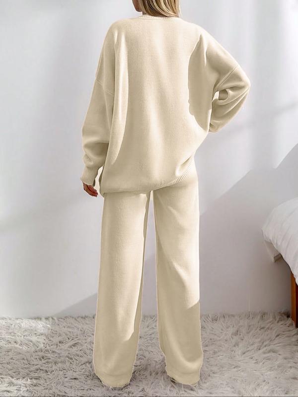 Women’s Cozy Knit Cardigan & Wide-Leg Pants Set – Relaxed Button-Up Lounge Outfit