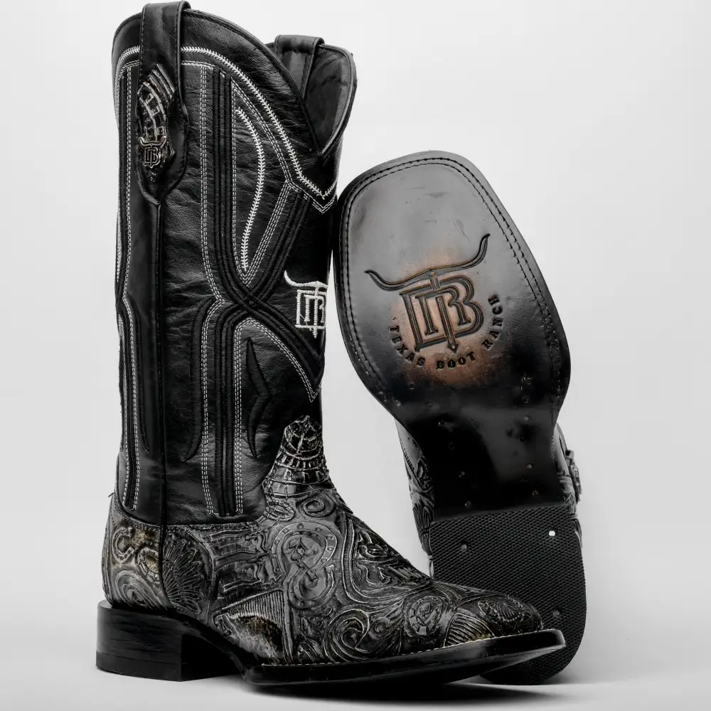 “Ace Of Spades” Grey/Black Leather Boots - Square Toe