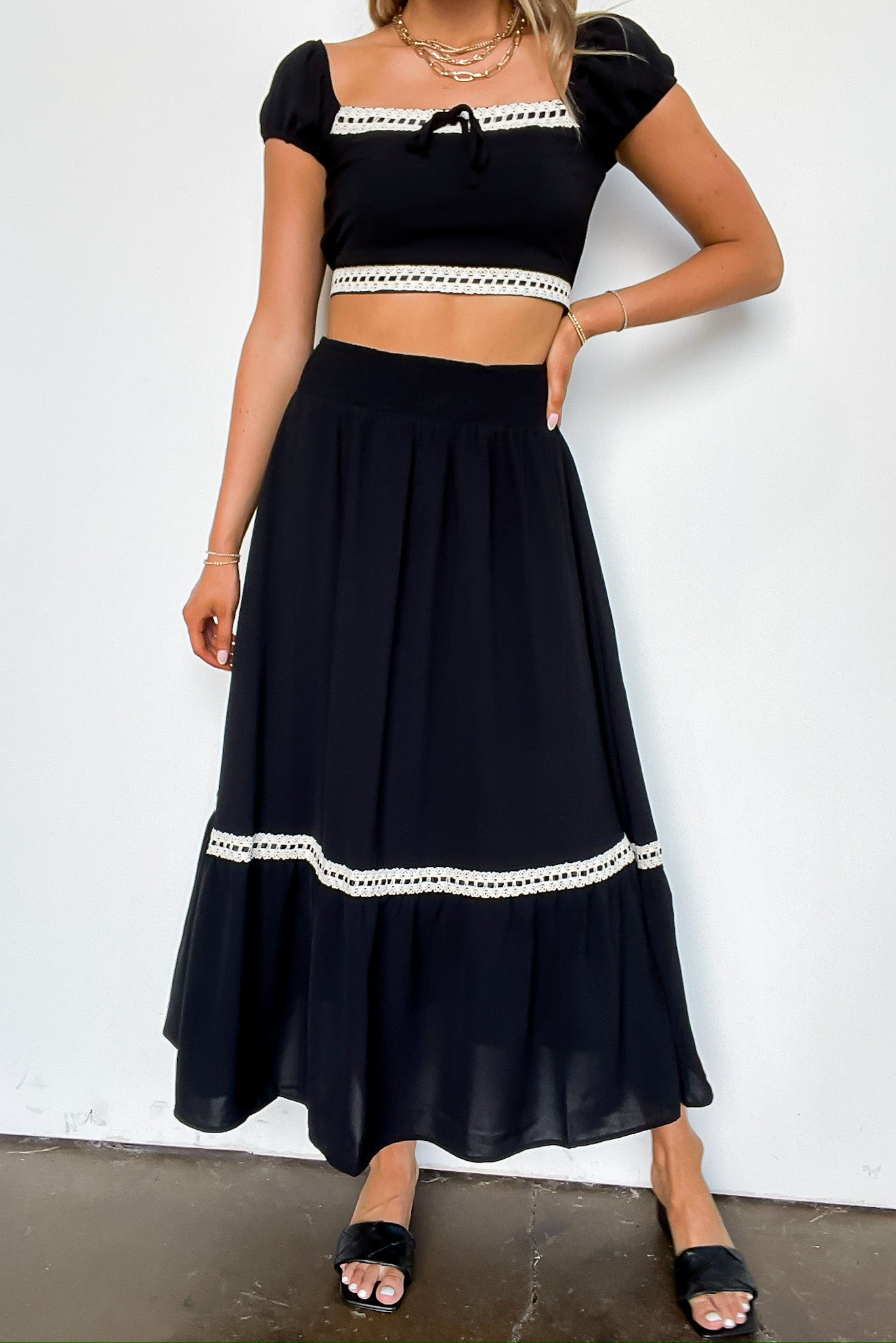 Midnight Lace Contrast Trim Smocked Waist Midi Skirt and Top Set