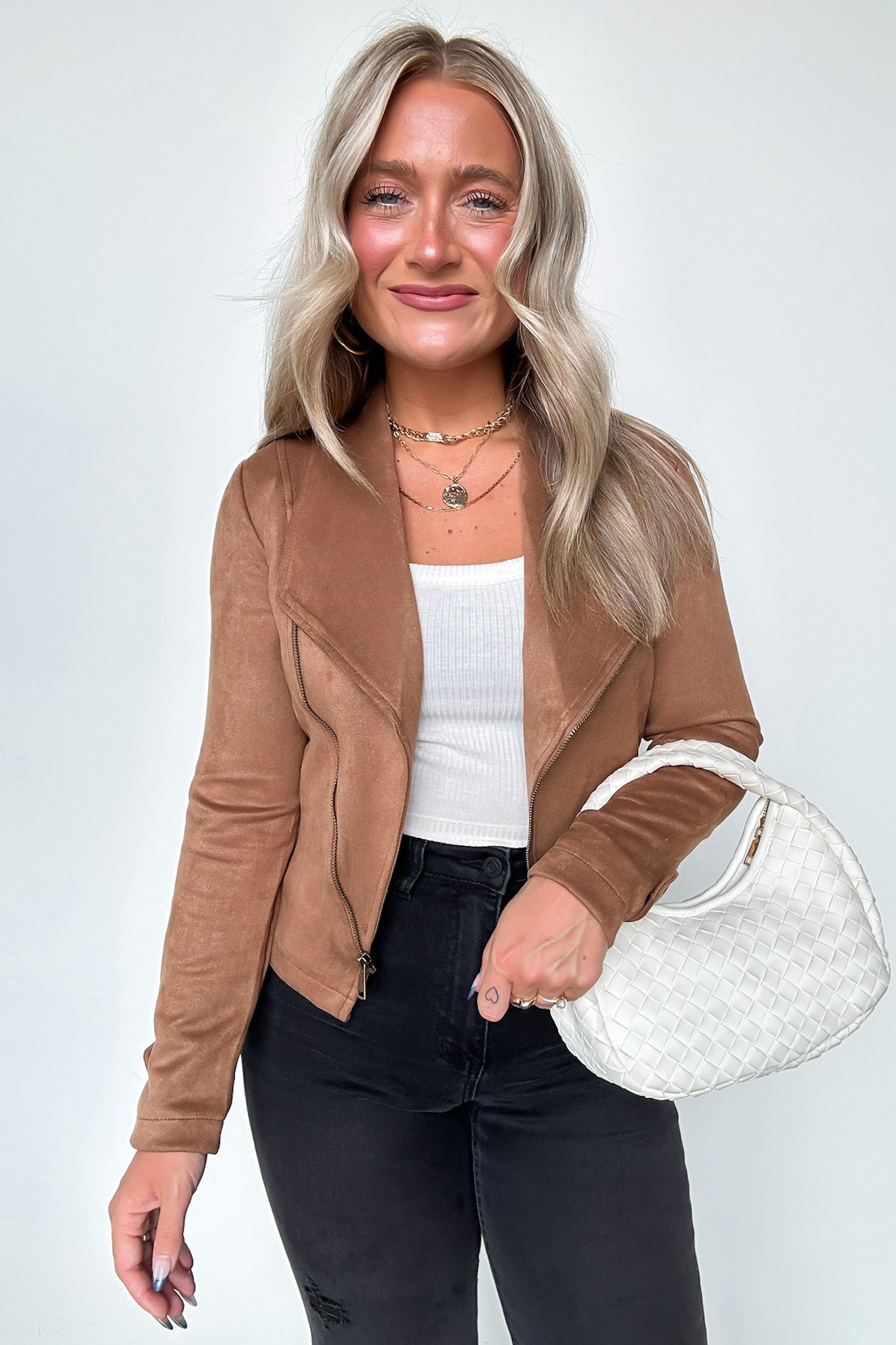 Faux Suede Zip Up Moto Jacket