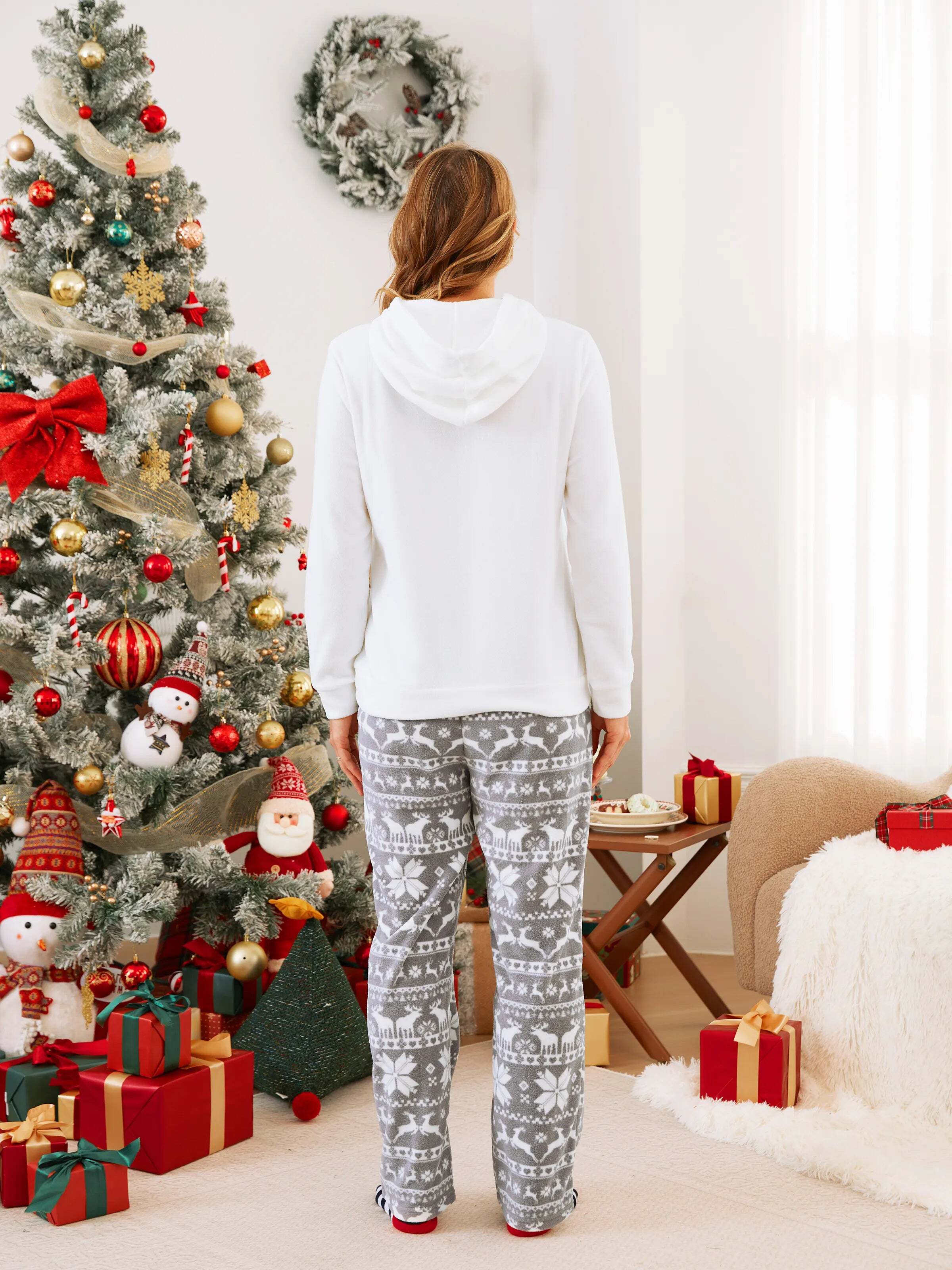 Christmas Family Matching Letters Embroidered Long-sleeve Hooded Fleece Pajamas Sets with Christmas Socks White