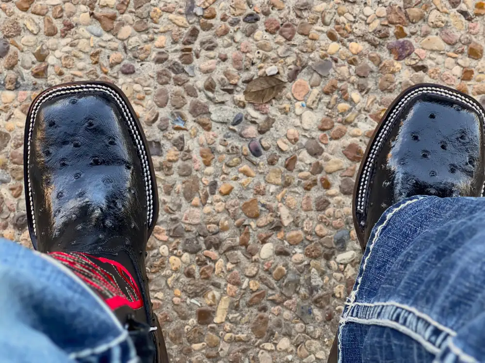 Men’s Black Ostrich Leather Boots With Black / Red Embroidery Shaft