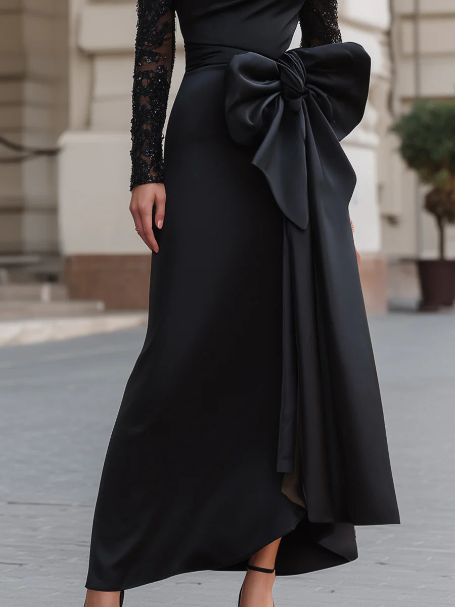 Asymmetrical Off-Shoulder Dress With Sequin Lace And Satin Bow