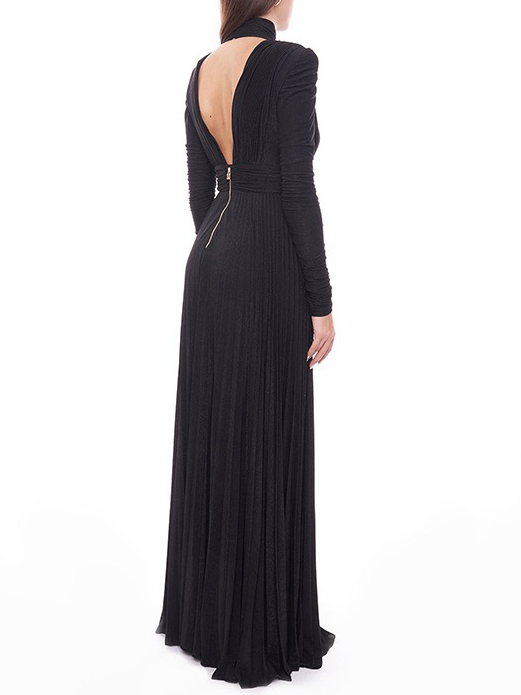 Long Sleeves Pleated Solid Color Split-Side V-Back High-Neck Evening Dresses Maxi Dresses