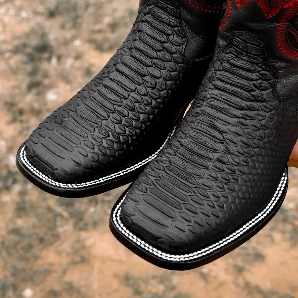 Matte Black Python Leather Boots - Square Toe