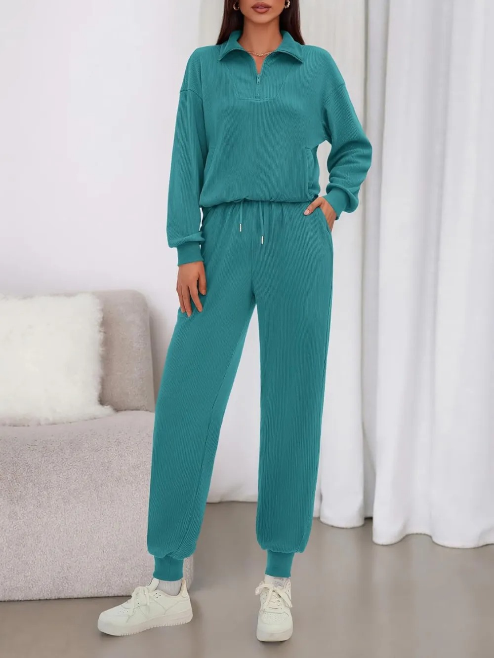 Women's Long Sleeve Half Zip Sweatshirt Sweatpants Lounge Set Sweatsuits with Pockets