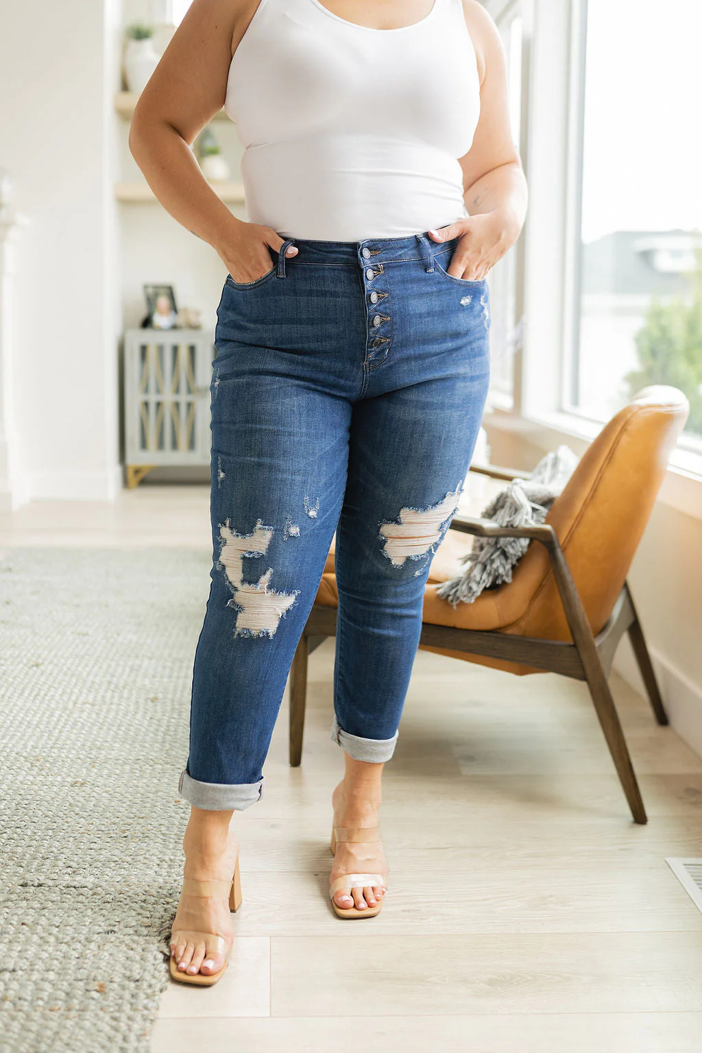 High Rise Button Fly Distressed Boyfriend Jeans