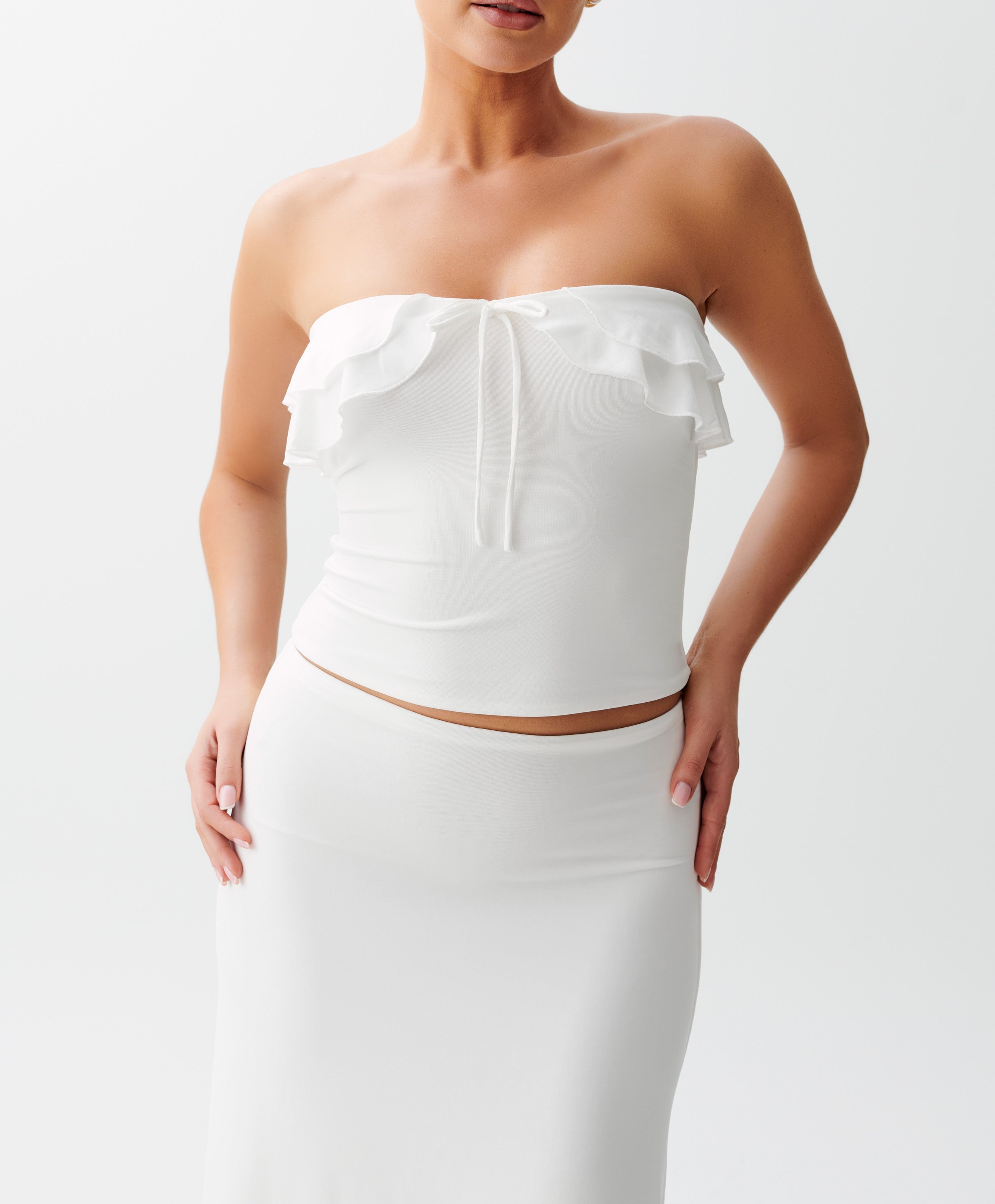White Strapless Slinky Ruffle Top
