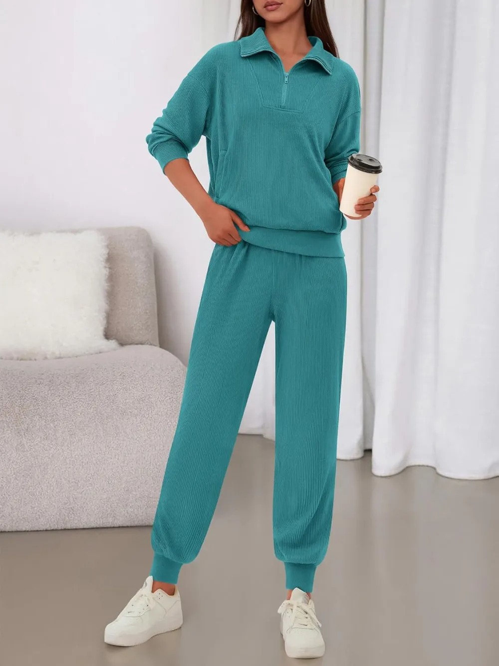 Women's Long Sleeve Half Zip Sweatshirt Sweatpants Lounge Set Sweatsuits with Pockets