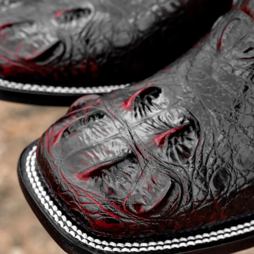 Black Cherry Caiman Neck Leather Boots - Square Toe