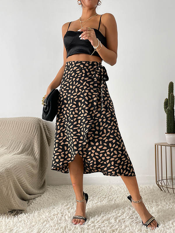 Printed Split-Front Tied Waist A-Line High-Low Skirts Bottoms