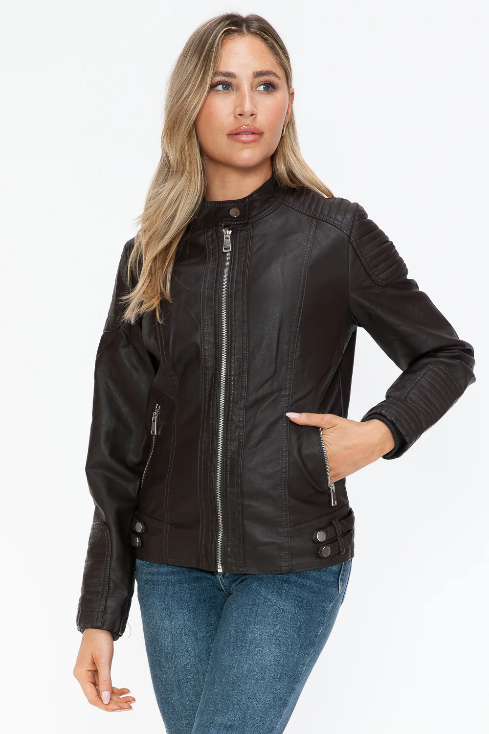 Faux Leather Biker Jacket with Side Zip Pockets