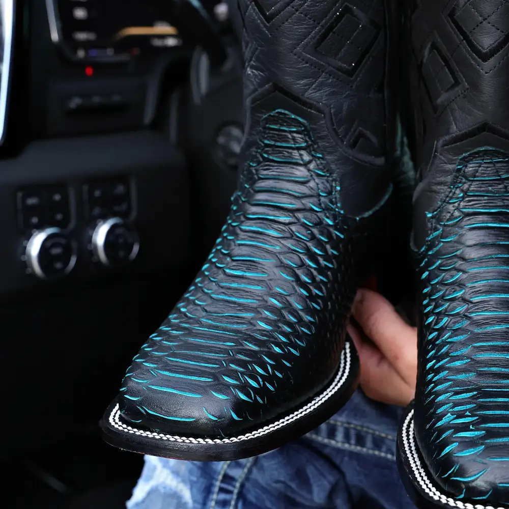 Black & Aqua Python Leather Boots - Square Toe