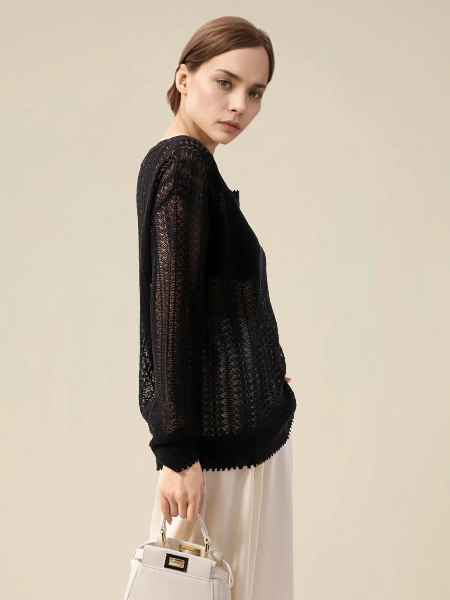 Linen & Lyocell Round Neck Hollow Top