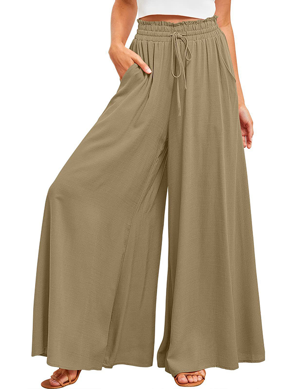 Drawstring Elasticity Pleated Pockets Solid Color High Waisted Loose Trousers Pants