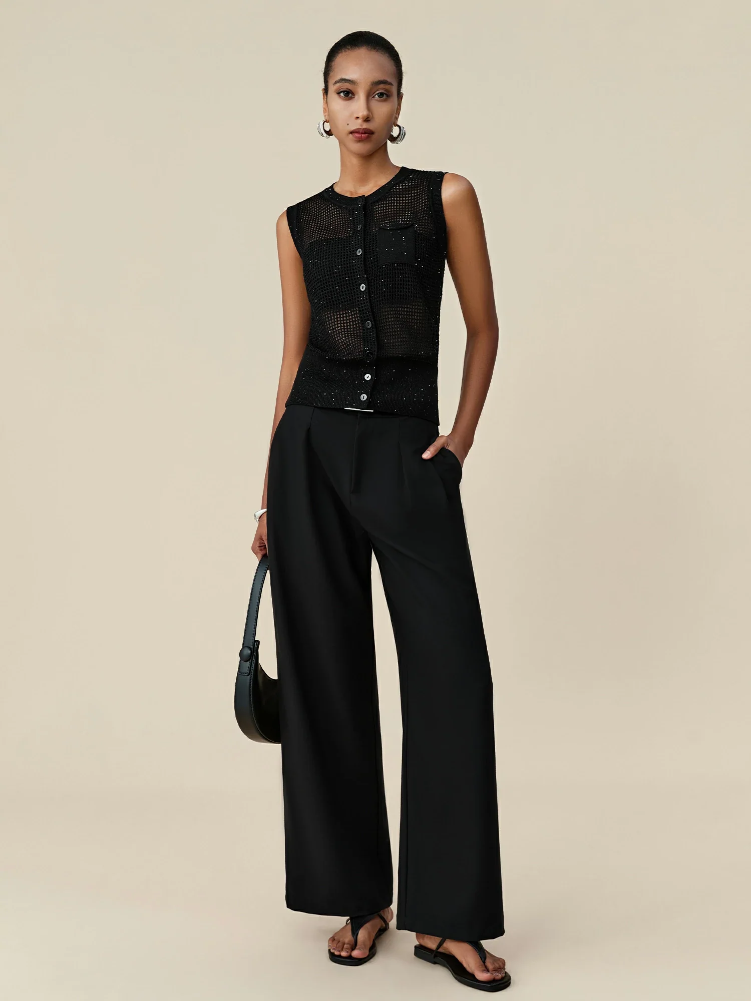 Lyocell & Linen Round Neck Hollow Sequin Vest