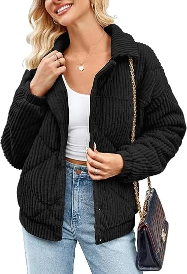 Women's Bomber Jacket Corduroy Ribbed Quilted Zip Up Long Sleeve Winter Coat Fall Outerwear Tops with Pockets