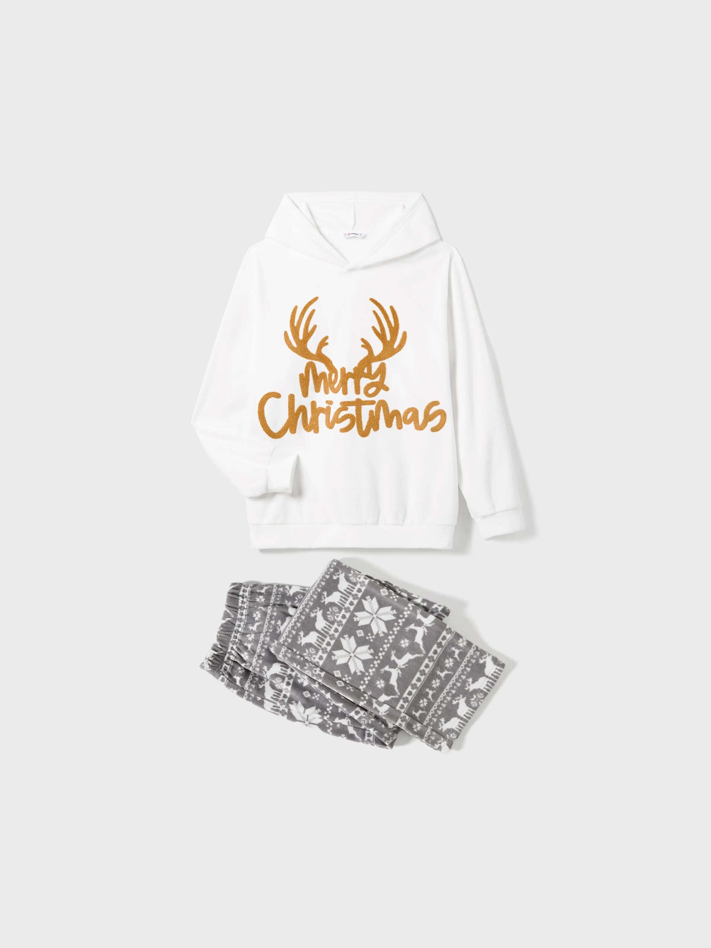 Christmas Family Matching Letters Embroidered Long-sleeve Hooded Fleece Pajamas Sets with Christmas Socks White