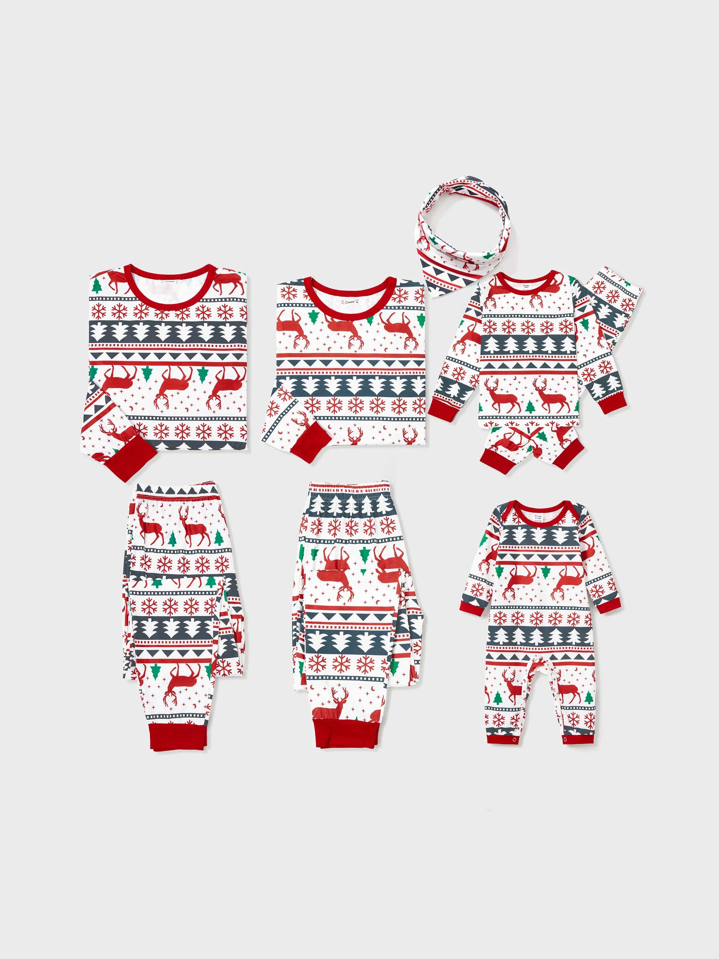 Family Christmas Pajamas All Over Reindeer Print Long-sleeve with Christmas Socks (SGS Certied Safety) Red+White