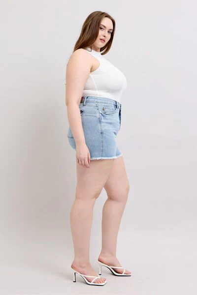 Blue Full Size Tummy Control Raw Hem Denim Shorts
