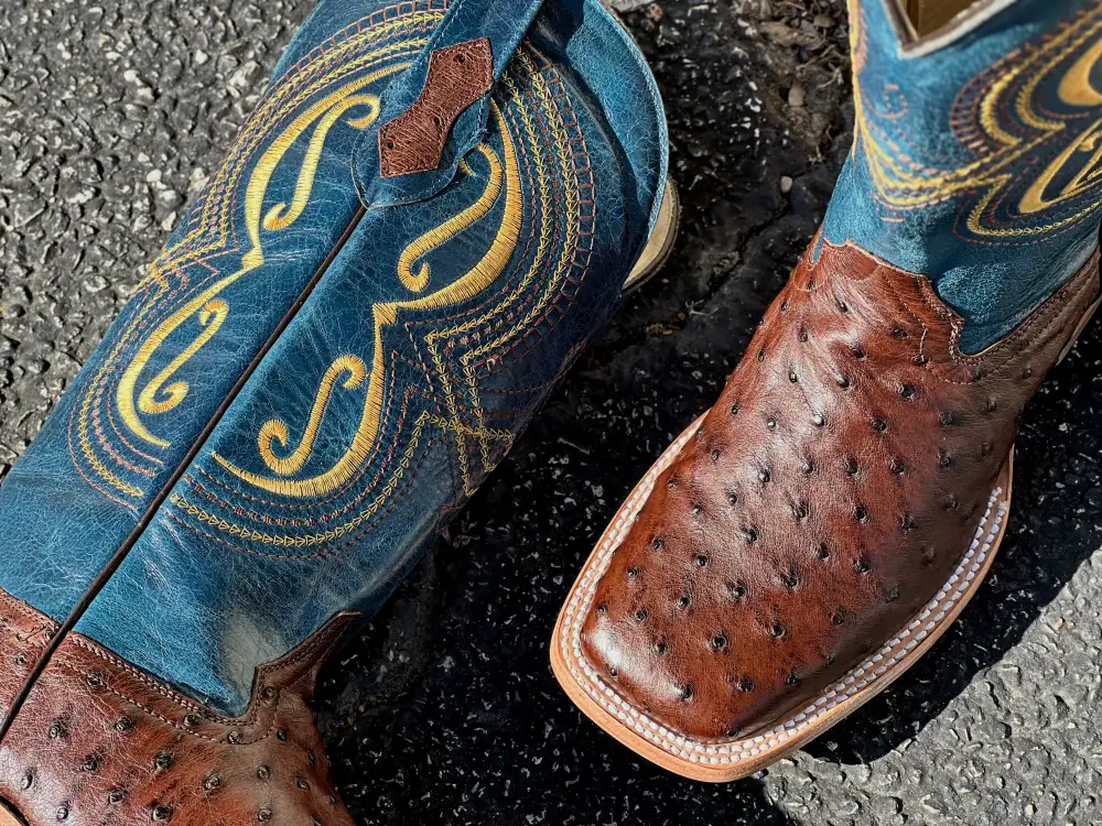 Men’s Genuine Brown Ostrich Boots With Blue Shaft