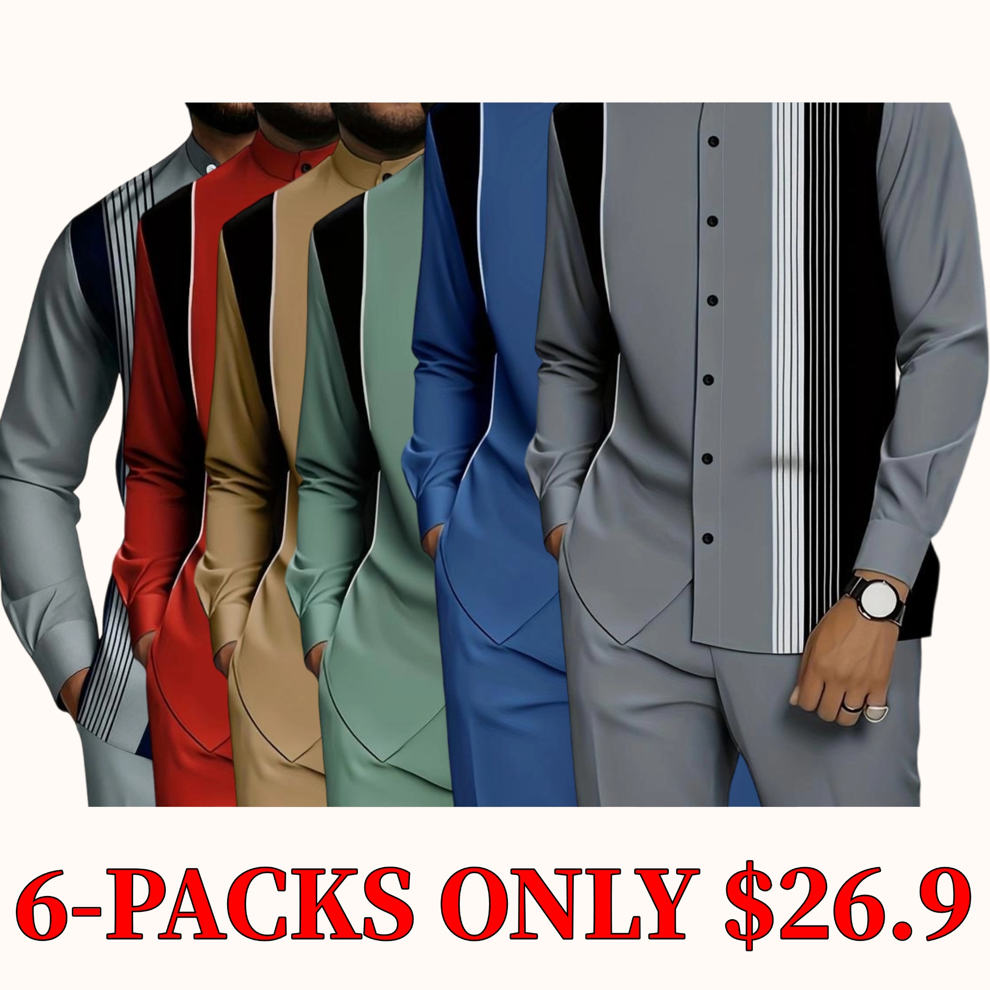 Men's two-piece set, including a black and white vertical striped button-down shirt and a pair of drawstring waist casual pants