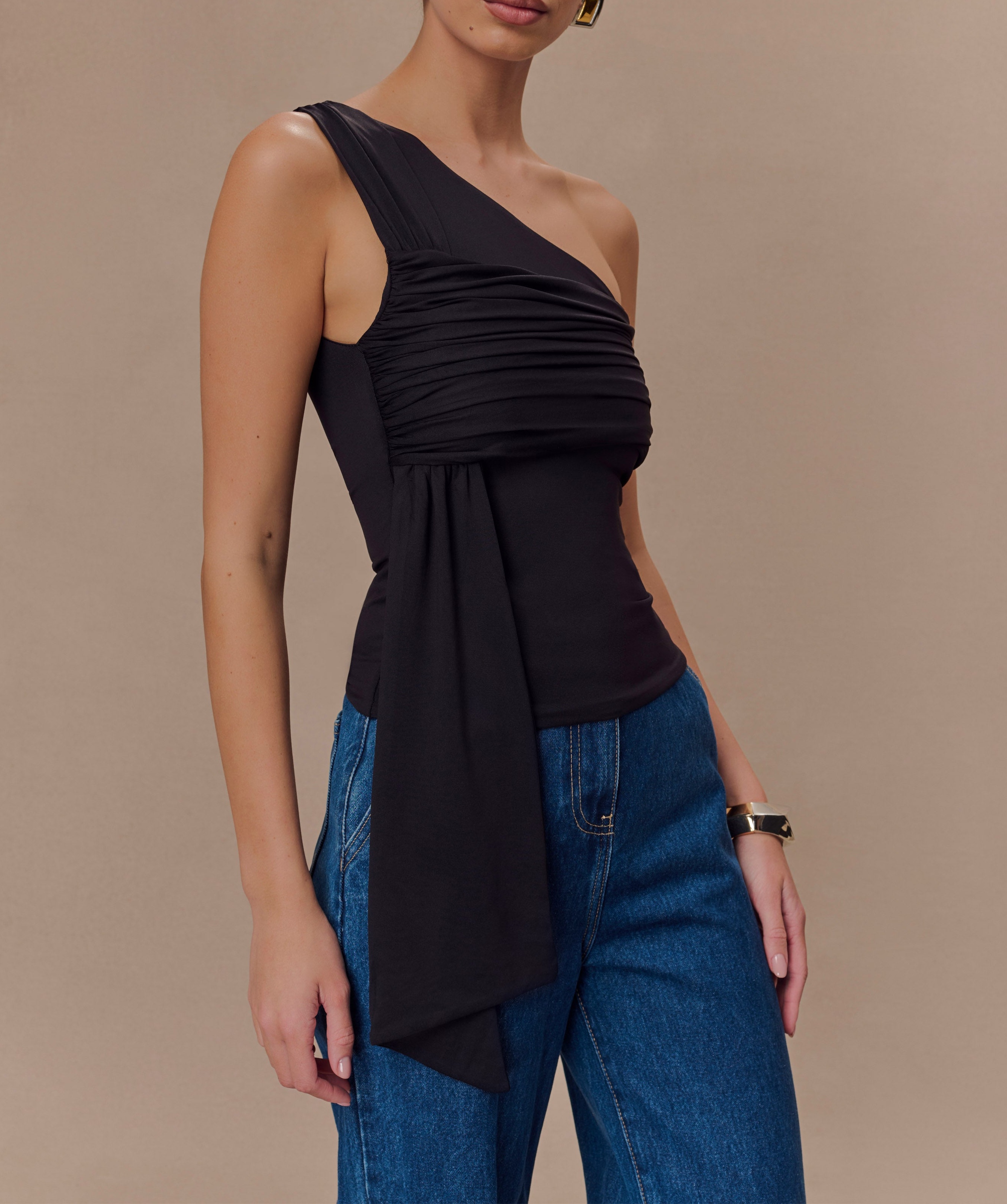 Black One Shoulder Recycled Nylon Top With Drape