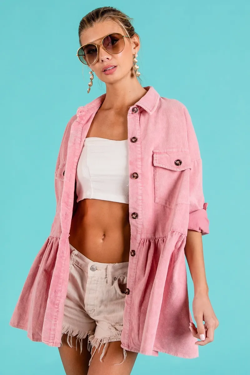 Corduroy Ruffle Peplum Button Up Shirt