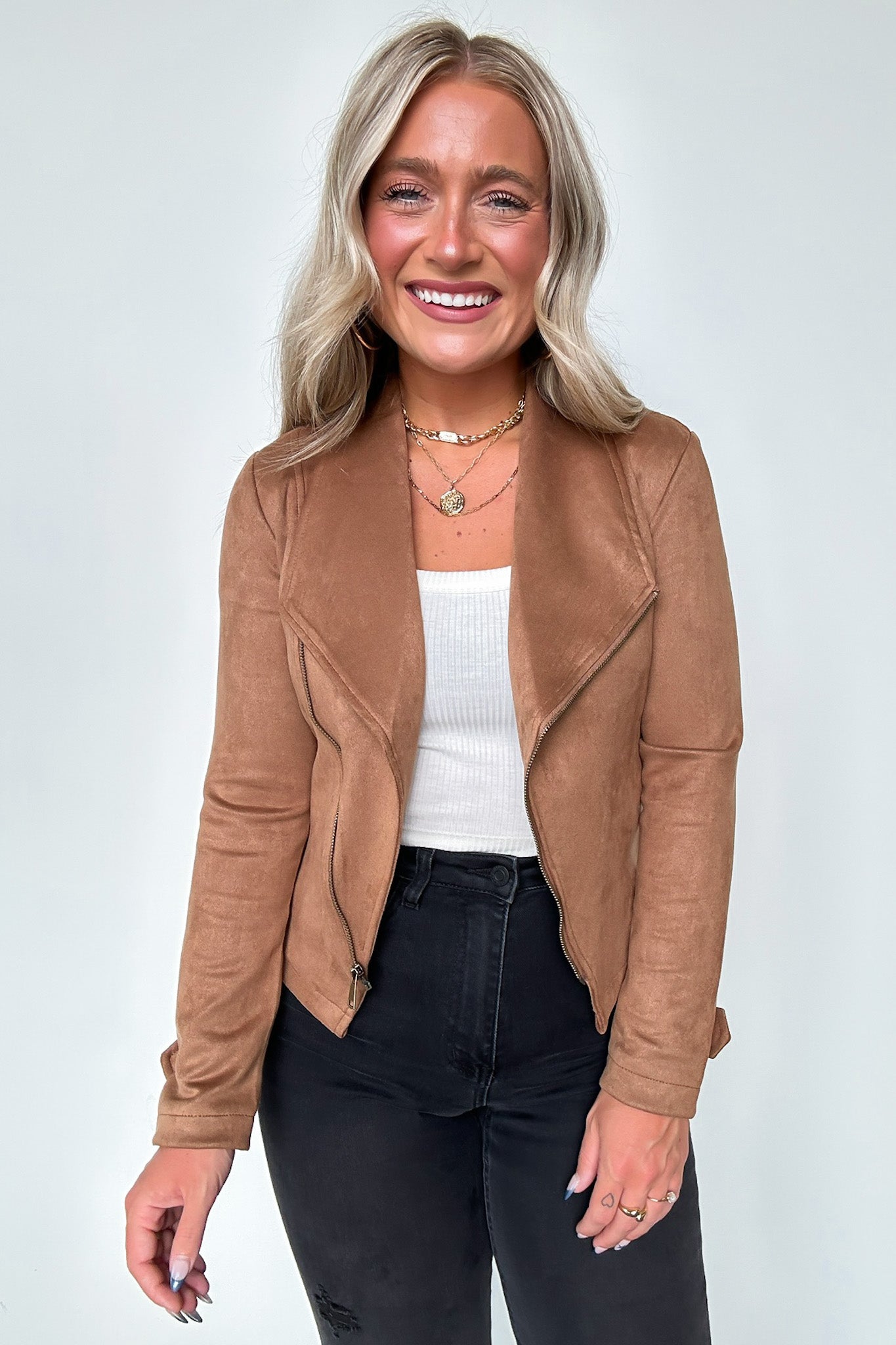 Faux Suede Zip Up Moto Jacket