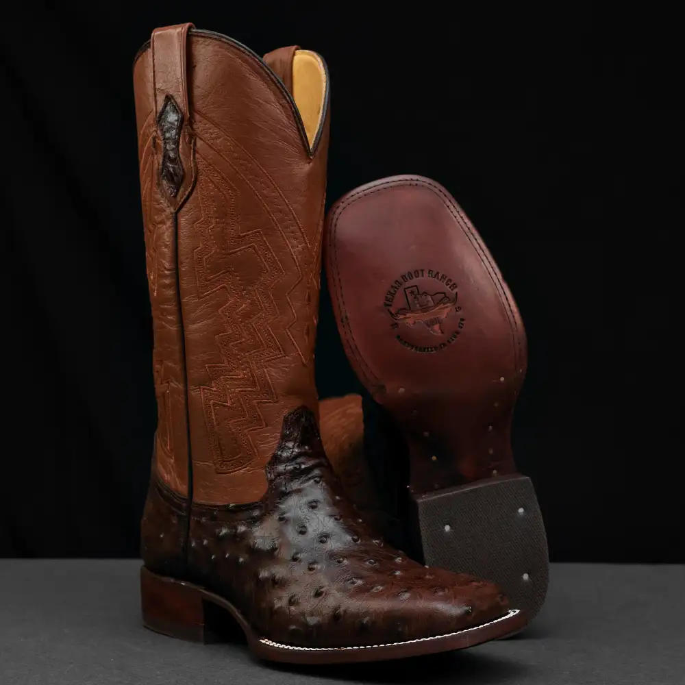 Chocolate Brown Ostrich Leather Boots - Square Toe